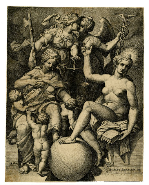 Orazio Samacchini, Allegoria di Misericordia, Verità, Giustizia e Pace d’ápres Agostino Carracci, incisione, 1579
