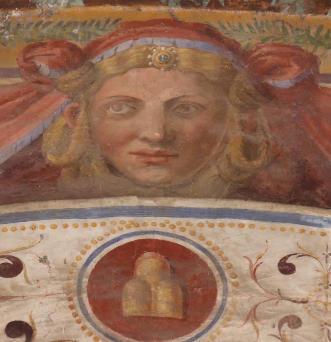 Pietro Venale e aiuti, affreschi dell’Emiciclo di Villa Giulia, Roma, 1553-1555; dettaglio di una maschera con simbolo araldico della famiglia Del Monte