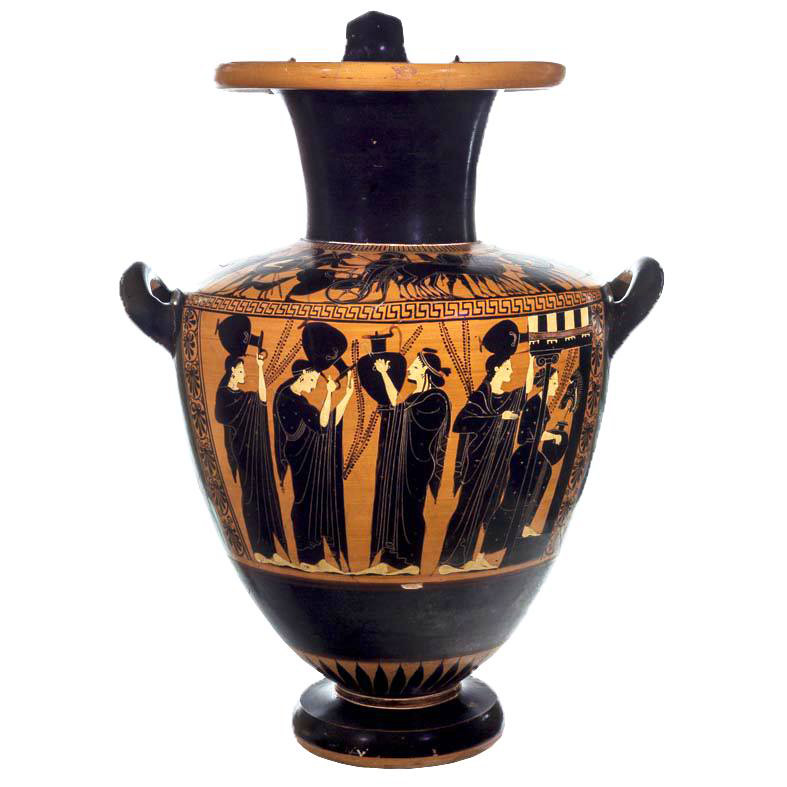 Hydria, ceramica attica a figure nere, Pittore di Priamo, inv. 64610. Intorno al 510 a.C. Vulci, ritrovamento sporadico, Sala 4.
