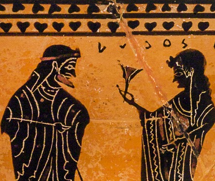 Kyathos, ceramica attica a figure nere, 520 a.C. ca, Vulci, Necropoli dell’Osteria, Tomba 145 degli scavi Hercle, particolare, Sala 3.