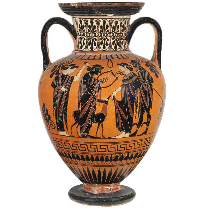 Anfora Attica a figure nere del Pittore di Antimenes (520 a.C.): Apollo con la lira fra Hermes, Artemide e Afrodite, da Tarquinia (Collezione Castellani), Sala 23.