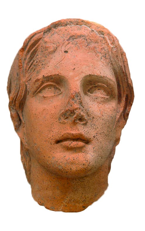 Testa femminile in terracotta, da Vulci, deposito votivo di Fontanile di Legnisina, scavi 1985. Fine del IV secolo a.C., Sala 5.