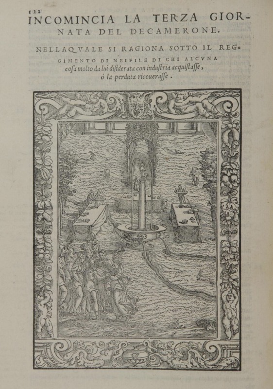 Giovanni Boccaccio, Decameron, edizione illustrata, Venezia 1554, incipit della III giornata.